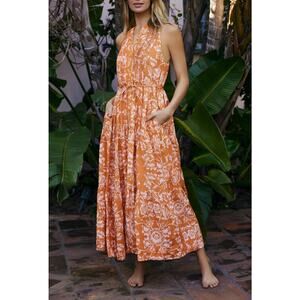 Hermoza Hildi Dress M Orange Floral Maxi Sleeveless Pleated Linen NWT No Belt
